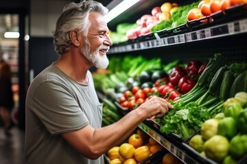 Bearded middle aged Caucasian man shopping in grocery store. Side view choosing fresh fruits and vegetables in supermarket. Healthy food concept.