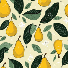 Seamless pattern with yellow pear. Fruit background. Vector print for fabric and wallpaper.