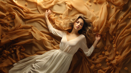 Beauty Model Portrait in Beige Chiffon Fabric flying on Wind.