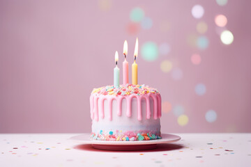 Birthday cake with candles over pink pastel background