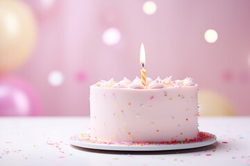Birthday cake with one candle over pink pastel background