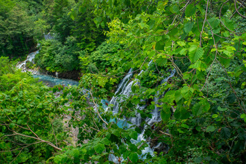 Shirahige Waterfall, mean White Beard, with deep cobalt blue hue Biei river flow beneath, Biei, Kamikawa Subprefecture, Hokkaido, Japan