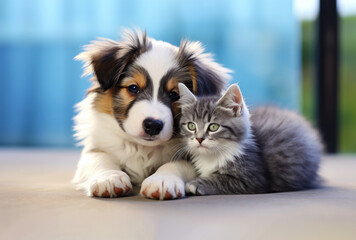 Kitty and puppy together. Cute, calm and sad