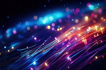 Fiber optic ethernet network cable illustration with neon lights, bokeh background. Generative AI - obrazy, fototapety, plakaty
