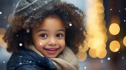 stockphoto, A smiling mixed race girl black toddler in the city, posing in the street. she is wearing winter clothes, snowing, christmas tree in the background, winter season, happy holidays. - obrazy, fototapety, plakaty