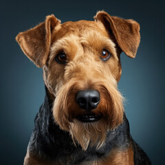 portrait studio d'une tête de chien de race welsh terrier en gros plan, arrière plan uni bleu - obrazy, fototapety, plakaty