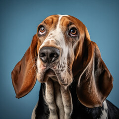 portrait studio d'une tête de chien de race basset hound  en gros plan, arrière plan uni bleu - obrazy, fototapety, plakaty