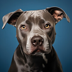 portrait studio d'une tête de chien de race pitbull en gros plan, arrière plan uni bleu