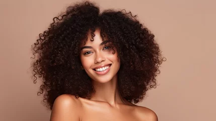 Fotobehang Beauty portrait of african american girl with clean healthy skin on beige background. Smiling dreamy beautiful black woman.Curly hair in afro style © Sasint