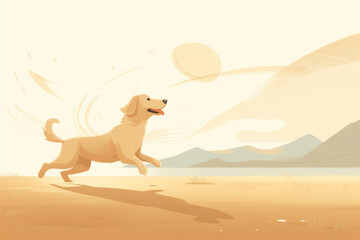 Ilustración de perro jugando en la playa. - obrazy, fototapety, plakaty