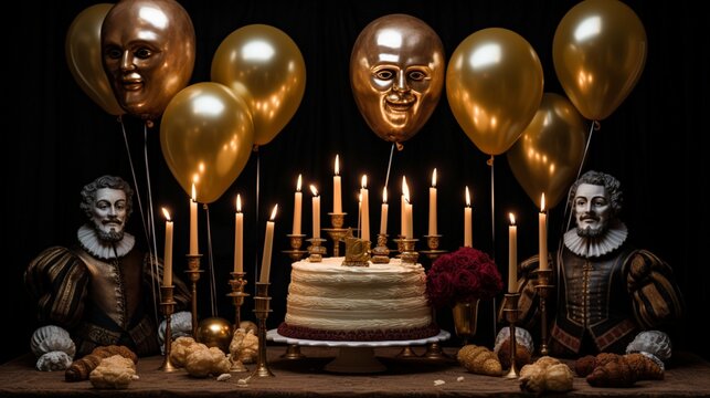 Create an elegant Shakespearean birthday scene with balloons resembling Renaissance masks, a cake adorned with Shakespearean quotes, and candles in vintage candleholders.