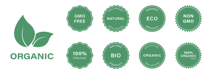 Organic Healthy Vegan Food Badge Set. Non Gmo, Gmo Free Label Icons. 100 Percent Ecological Symbol. Natural Eco Product Stamp. Herbal Bio Sticker Collection. Isolated Vector Illustration