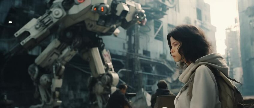 Portrait of female pilot sitting at street next to big robot. Sci-fi concept. Anamorphic 4K footage