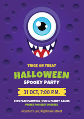 Halloween party invitation template. Bright cartoon background with a funny monster. Vector 10 EPS.