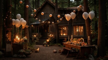 Design a rustic woodland cabin birthday gathering with balloons in earthy tones, a cake adorned with forest cabin details, and candles in cozy lanterns