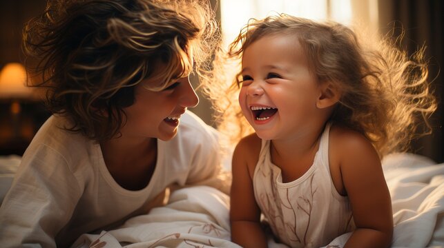 Nice image of mother and baby daughter smiling happy