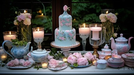 Obraz na płótnie Canvas Design an elegant Victorian garden soir?(C)e birthday gathering with balloons resembling Victorian garden scenes and tea parties, a cake adorned with Victorian garden patterns, and candles in antique 