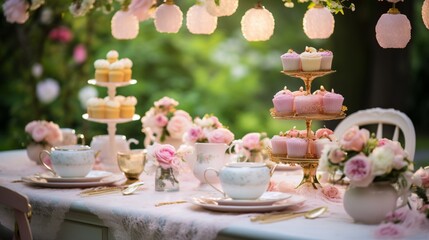 Design an elegant garden tea party birthday gathering with balloons resembling tea cups and saucers, a cake adorned with floral patterns, and candles in delicate tea light holders