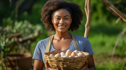 agriculture and black woman farmer holding basket of chicken eggs and smiling happily on his farm