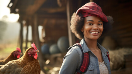 agriculture and black woman with chicken in the farm - obrazy, fototapety, plakaty