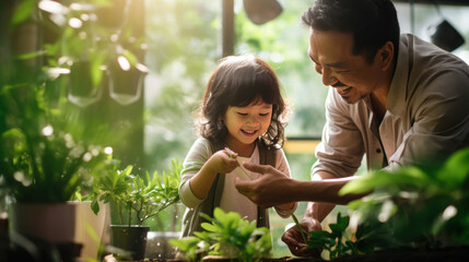 Asian Father and daughter happily watering plants - obrazy, fototapety, plakaty