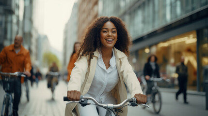 Black young woman cycling in the city lifestyle comfortable - Powered by Adobe
