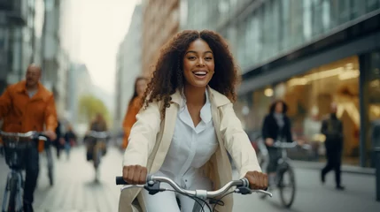 Foto auf Acrylglas Black young woman cycling in the city lifestyle comfortable © EmmaStock
