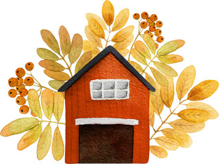 Autumn cartoon house with oak leaves, mushrooms and acorns watercolor painting. Fall teapot home with foliage decoration - 652932108