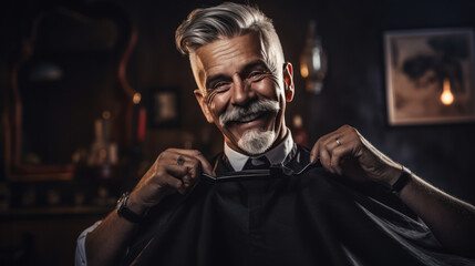 Senior Male barber with a beautiful mustache cheerful at work