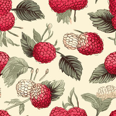 Seamless vintage pattern with raspberry berry. Hand drawn raspberries pattern on beige background. For fabric, drawing labels, print, wallpaper of children's room, frui