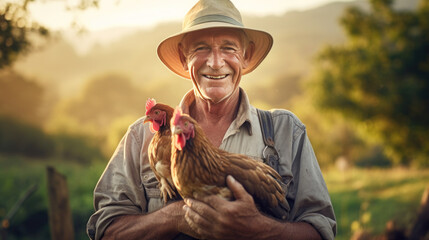 Senior male farmer holding chicken and smiling happily on his farm - obrazy, fototapety, plakaty