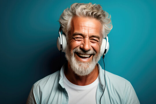 Happy Smiling Elderly Man With Gray Hair And Headphones On A Blue Background