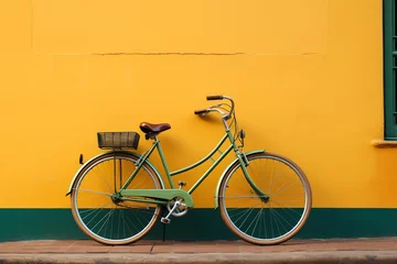Fotobehang Fiets a bicycle leaning against a yellow wall