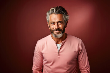 Smiling handsome elderly man on a red pink background