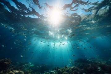 An underwater photo of the ocean with sunlight coming into the water and lots of fish. - obrazy, fototapety, plakaty