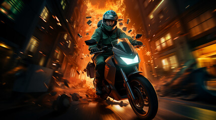 
An urban scene showing a motorcycle rider navigating through city streets, embodying the excitement and energy of urban exploration.  A package distributor