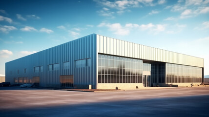 Industrial hangar. Warehouse building exterior. Industrial building under blue sky.