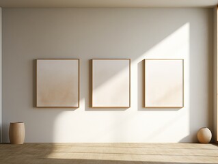 This minimalistic, pastel-hued interior design showcases a creative wall art installation of three rectangular frames, inviting viewers to appreciate its texture and the beauty of indoor art piece