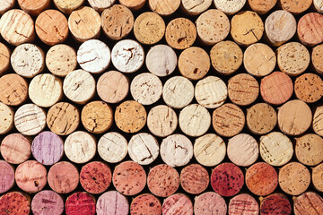 Collection of wine cork from white and red wine, natural texture bottle stoppers top view, colorful...