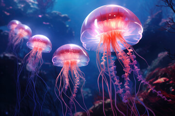 pink jellyfish swims in the ocean or oceanarium in blue water