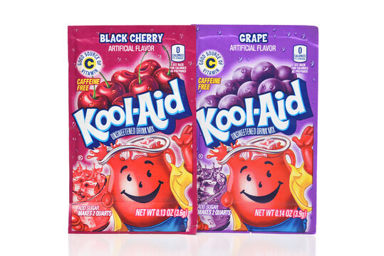 IRVINE, CALIFORNIA - 26 SEPT 2023: Two packets of Kool-Aid drink mix, Black Cherry and Grape Flavor.