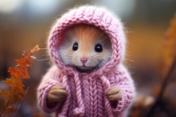 Cute mouse in knitted clothes in autumn leaves