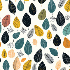 Silhouettes of different leaves seamless pattern. Vector hand drawn illustration in simple scandinavian doodle cartoon style.