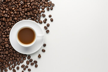 Coffee cup and coffee beans on white background. Top view. Cup of coffee on whgite table and coffee beans scattered chaotically around. Morning boost of energy, coffee drink.