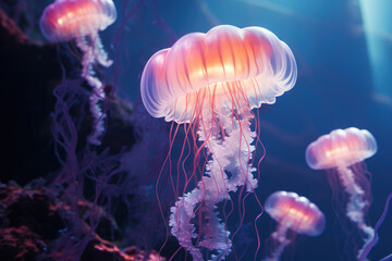 pink jellyfish swims in the ocean