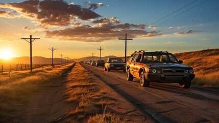 Abandoned cars in rows at sunset.