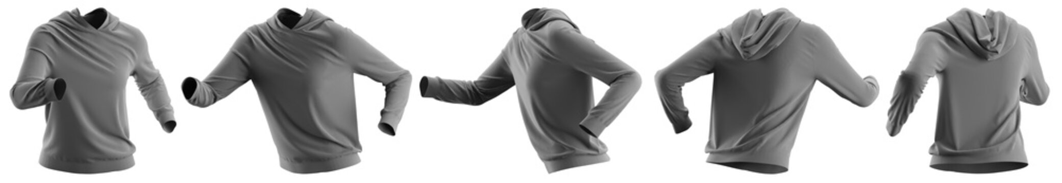 Isolated grey Hoodie in running pose mockup multiple view