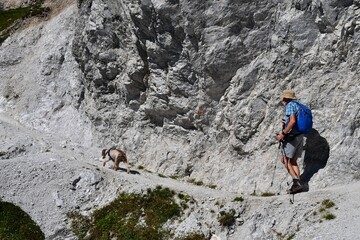 Mann und sein Lagotto Romagnolo Hund wandern im Stubaital in Tirol 