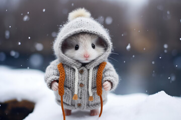 mouse in warm knitted clothes in the snow in winter