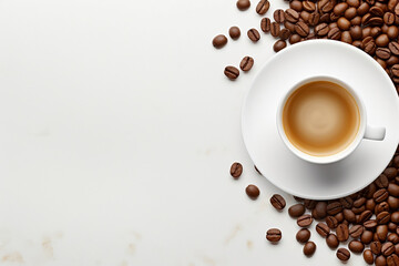 Coffee cup and coffee beans on white background. Top view. Cup of coffee on whgite table and coffee beans scattered chaotically around. Morning boost of energy, coffee drink.